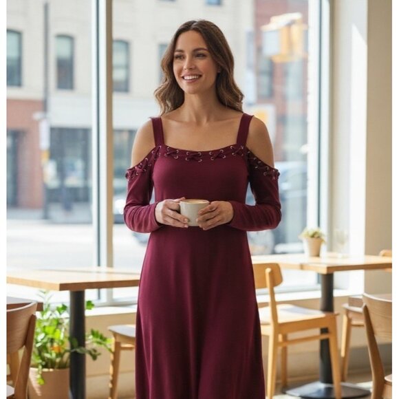 Spense Wine Cold Shoulder Swing Dress Size S Evening Wedding Holiday Party - Picture 1 of 9